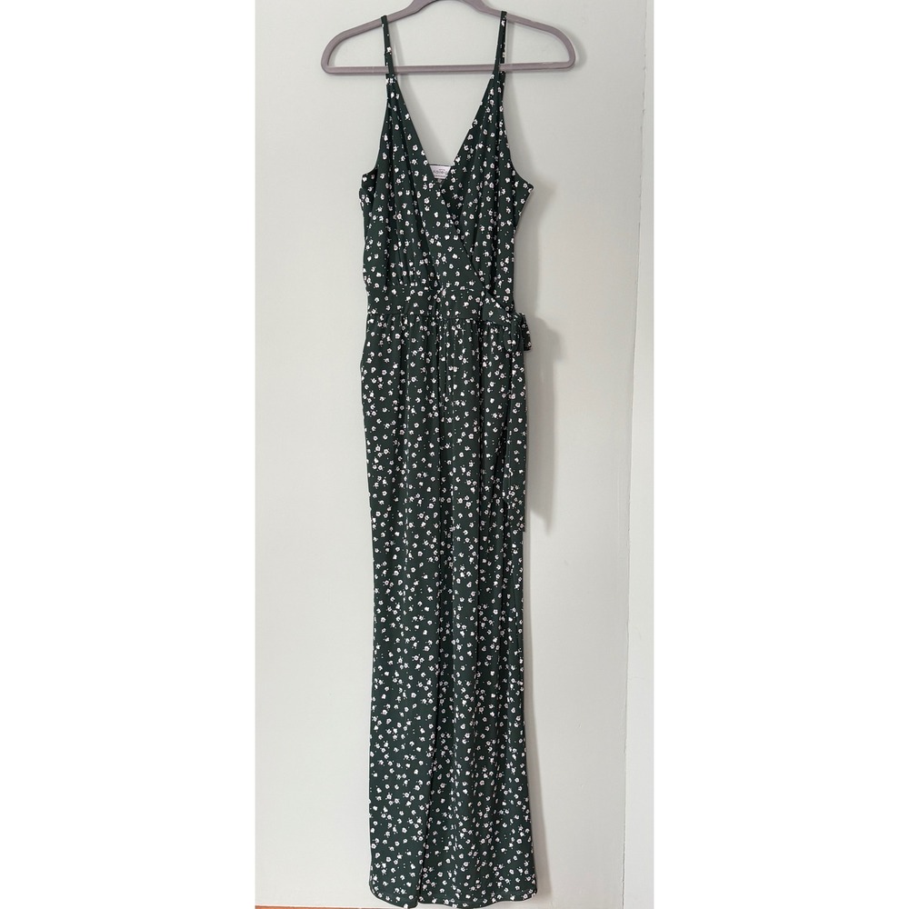 Kaileigh Ditsy Floral Wide Leg Forest Green Faux Wrap Sleeveless Jumpsuit XL - Picture 4 of 9